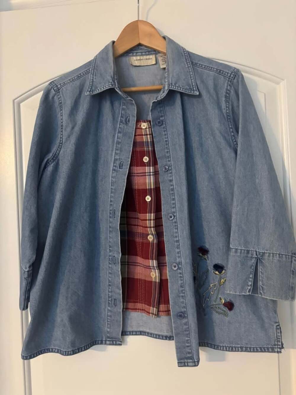 Vintage Lemon Grass Embroidered Denim 2-in-1 Layered Shirt Shacket Jacket Medium